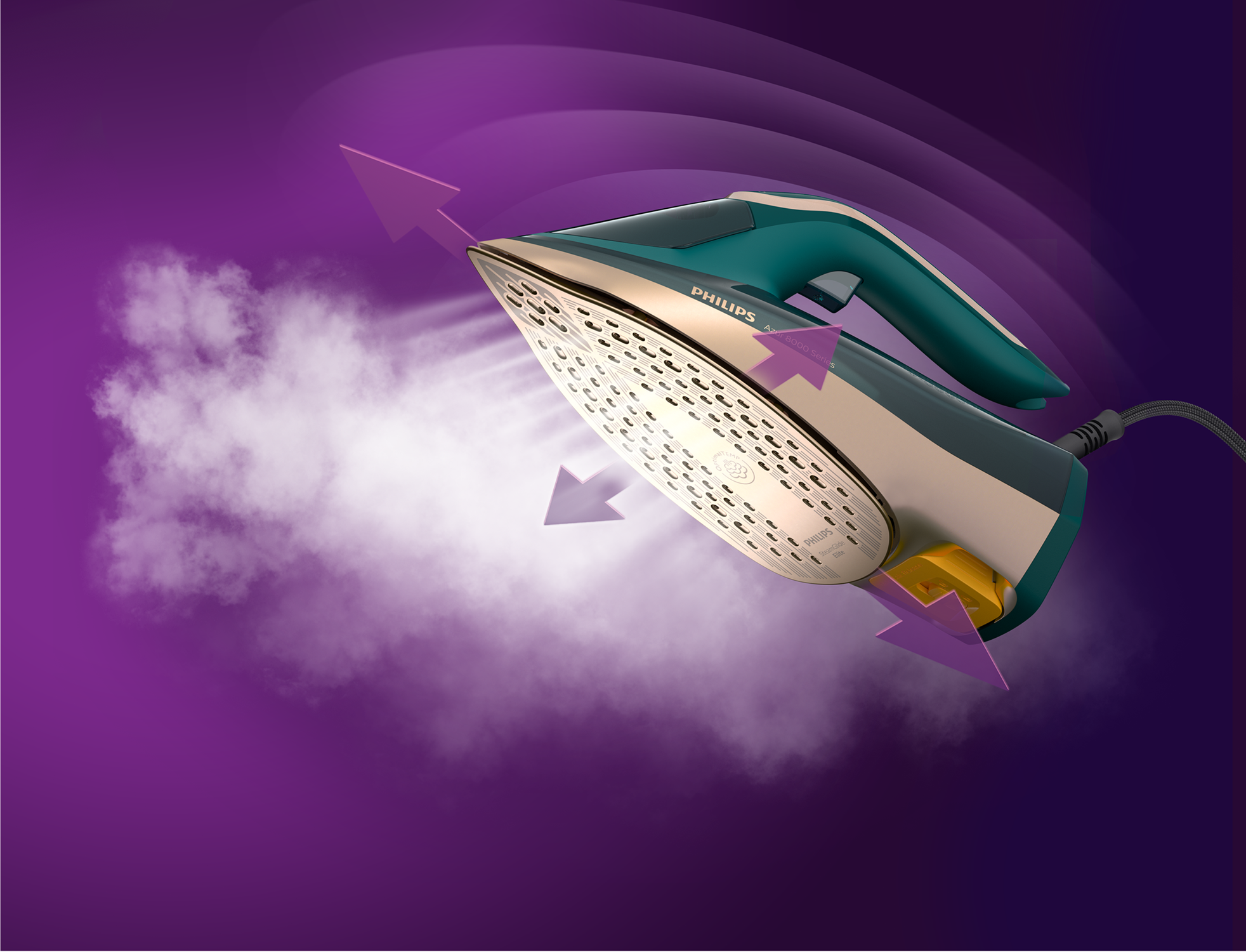 A steam iron emitting steam on a purple background, with arrows.