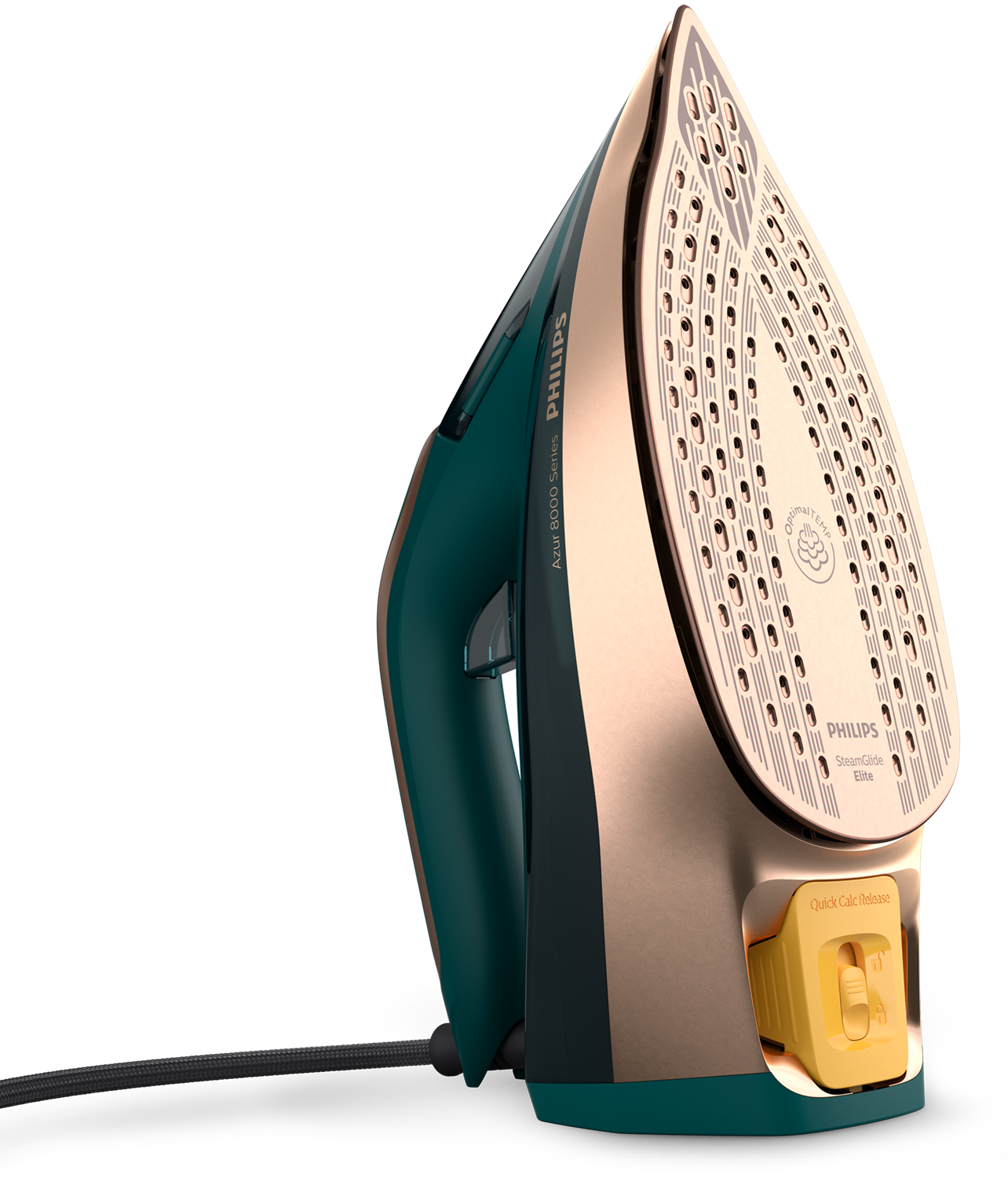 A teal and gold iron on a black background. It is a Philips Azur 8000 series.