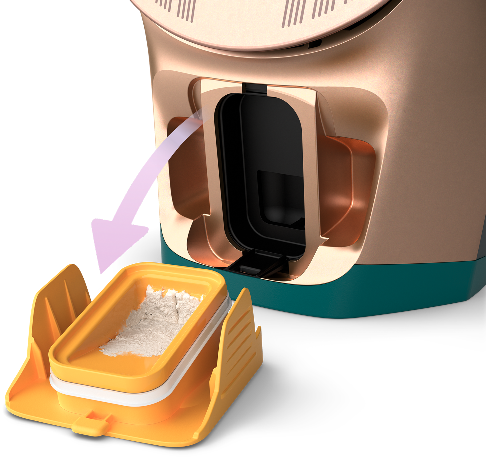 A device with powder being dispensed into a tray.