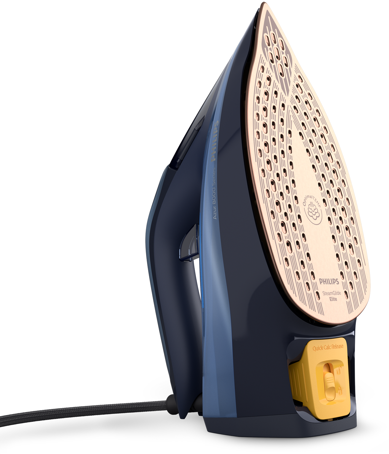 Iron on a black background, showing the soleplate and a yellow quick calc release.