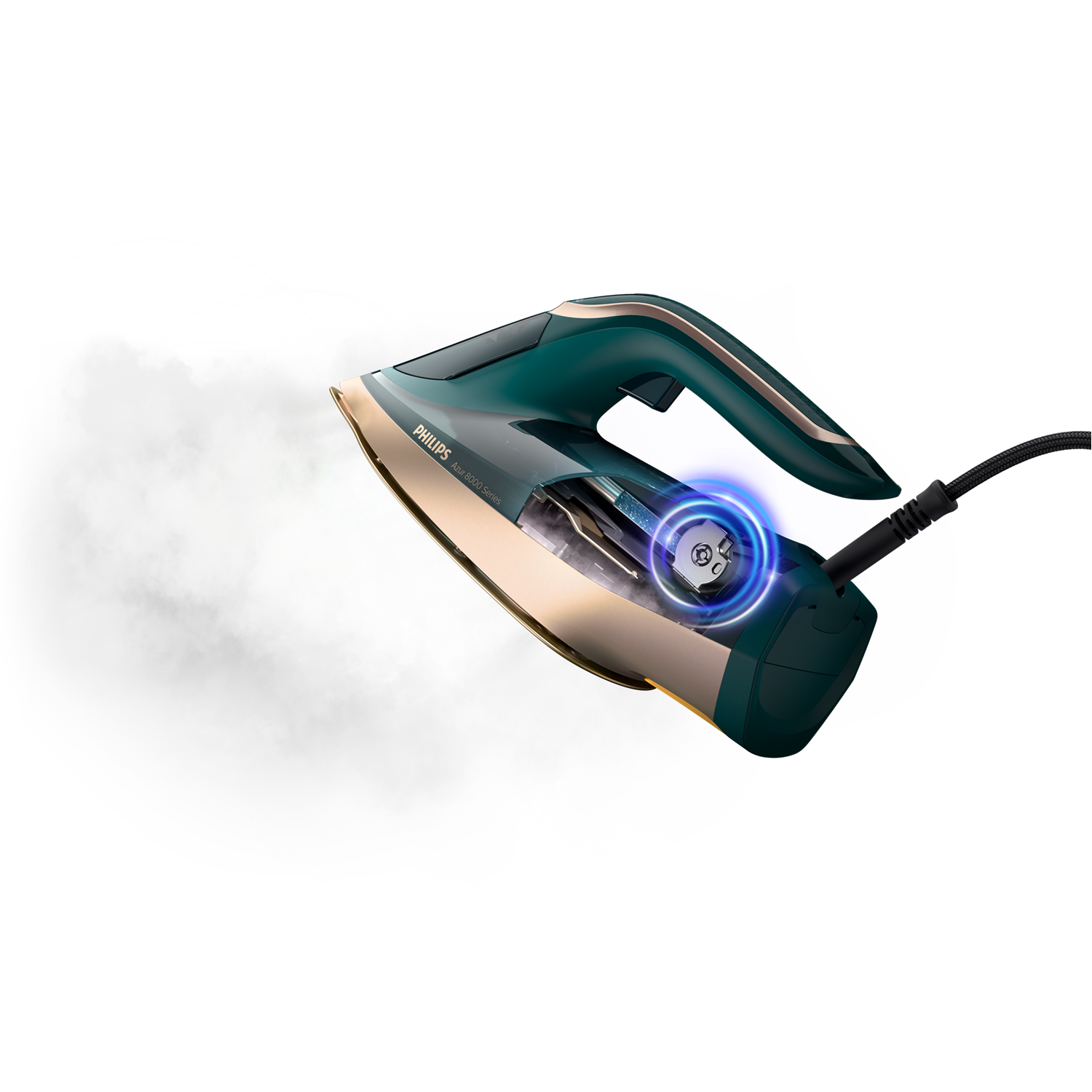 An iron with steam, with a gold soleplate and a blue and green body.