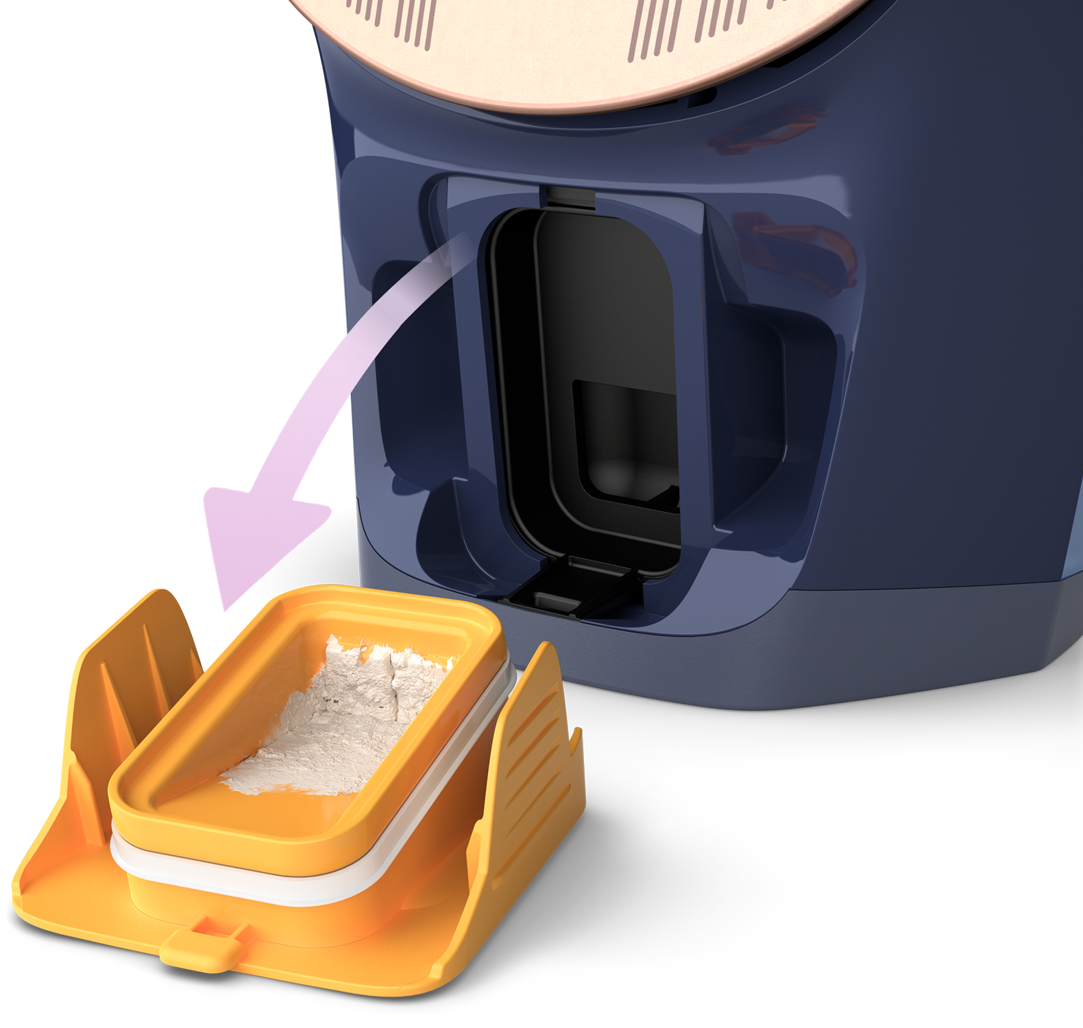 A device with a powder compartment opening, with a yellow tray and powder.