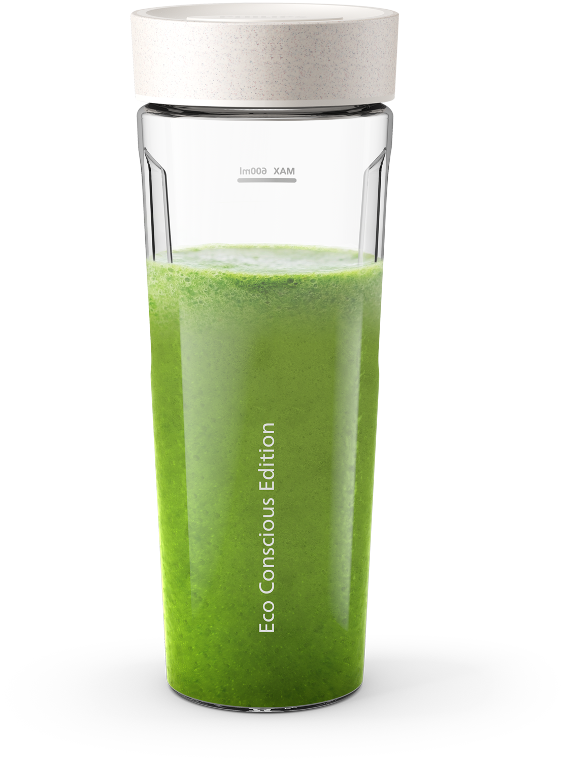 A clear shaker bottle with green liquid and a white lid. Text: Eco Conscious Edition.