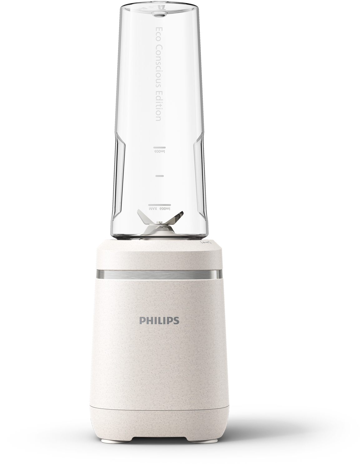 A white and beige blender. The top is clear with a blade inside.