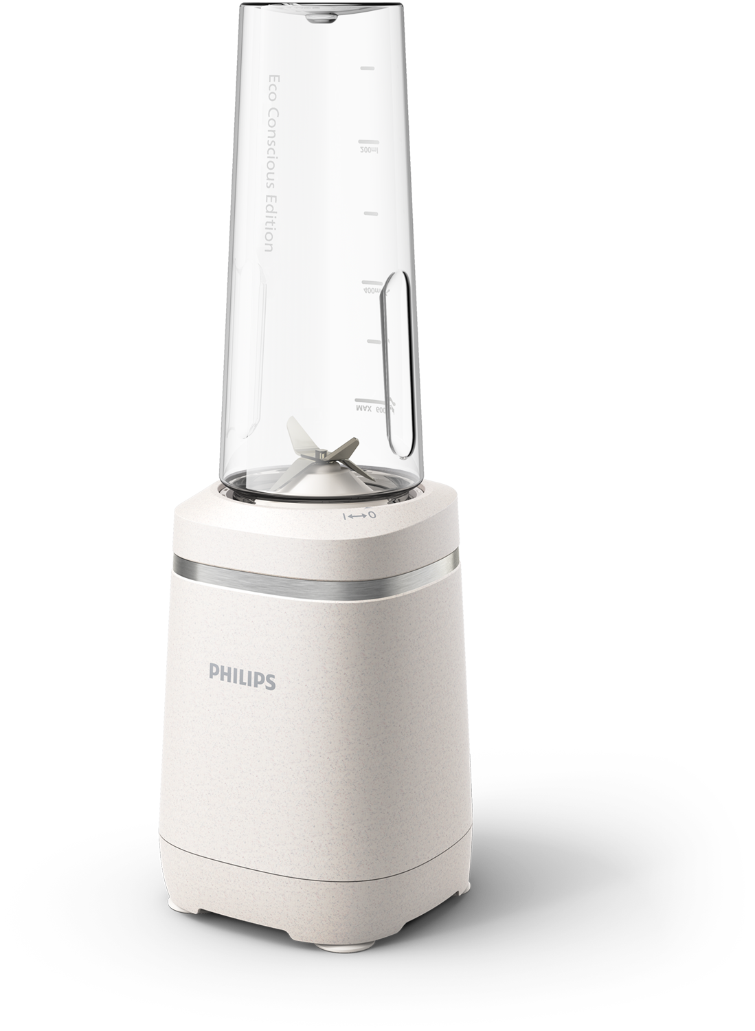 A white and beige blender with a clear container and silver accents, against a black background.