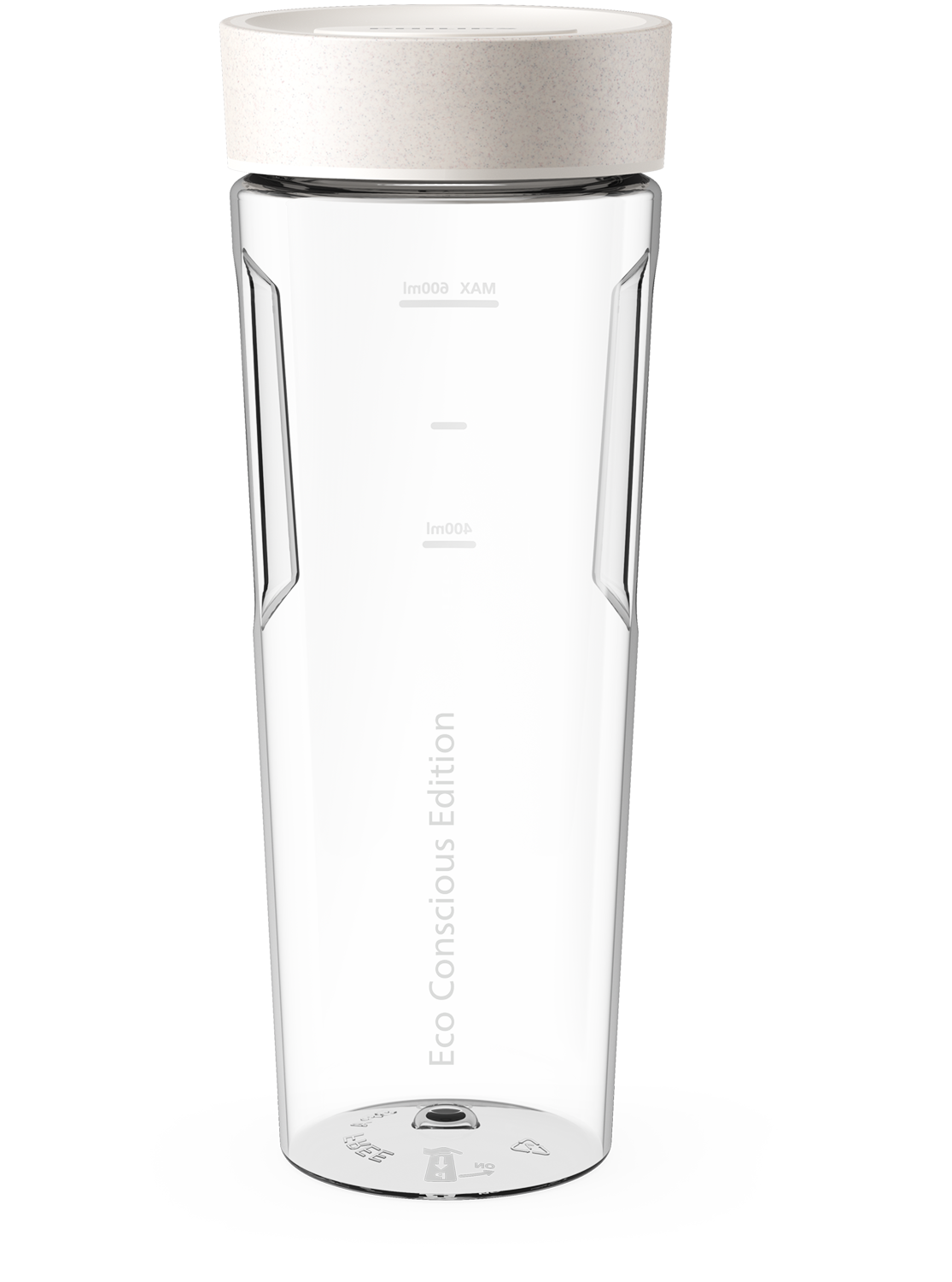 Clear water bottle with a white lid. Includes scale markings and text. Black background.