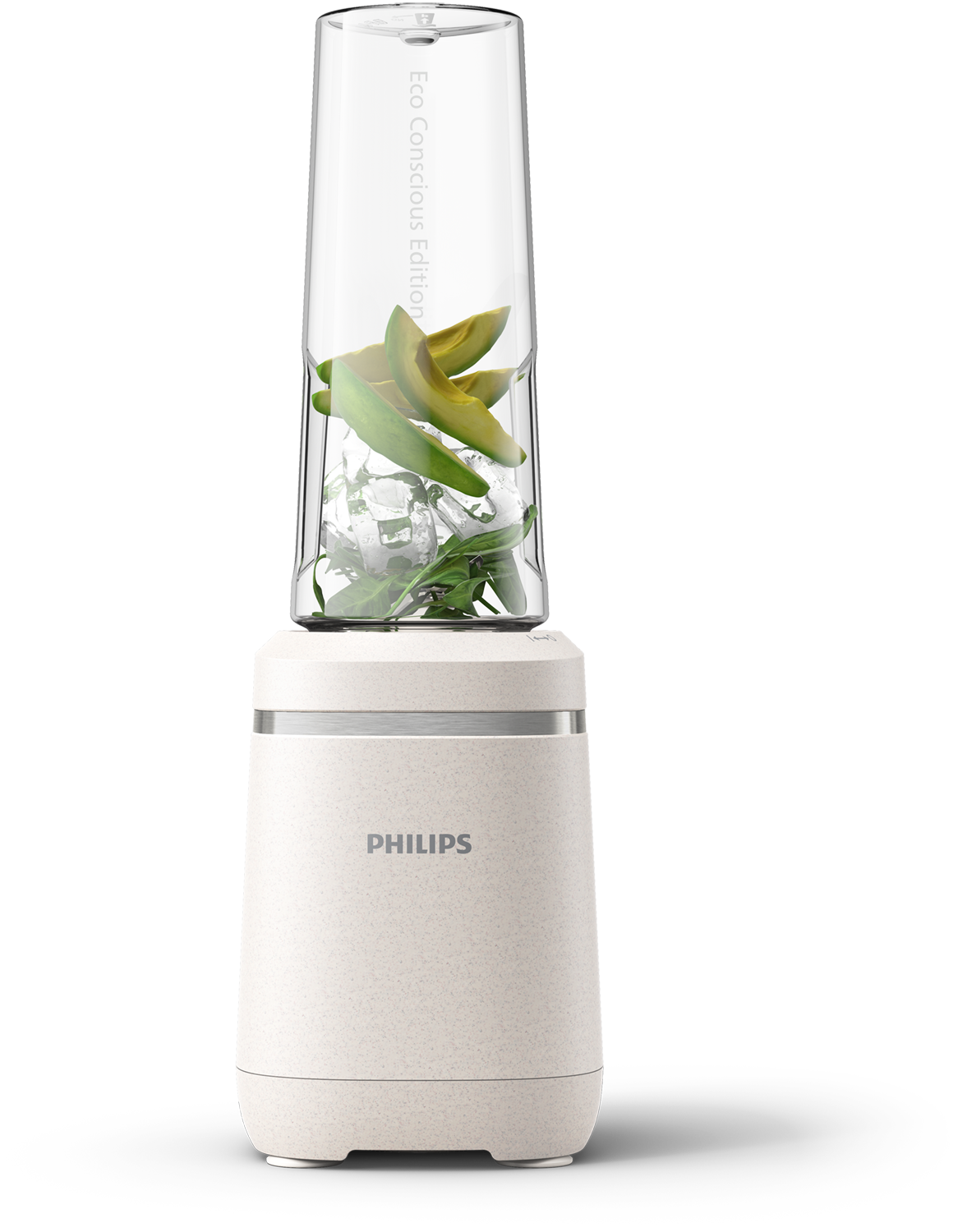 White blender with fruit and ice inside, standing on a white surface.