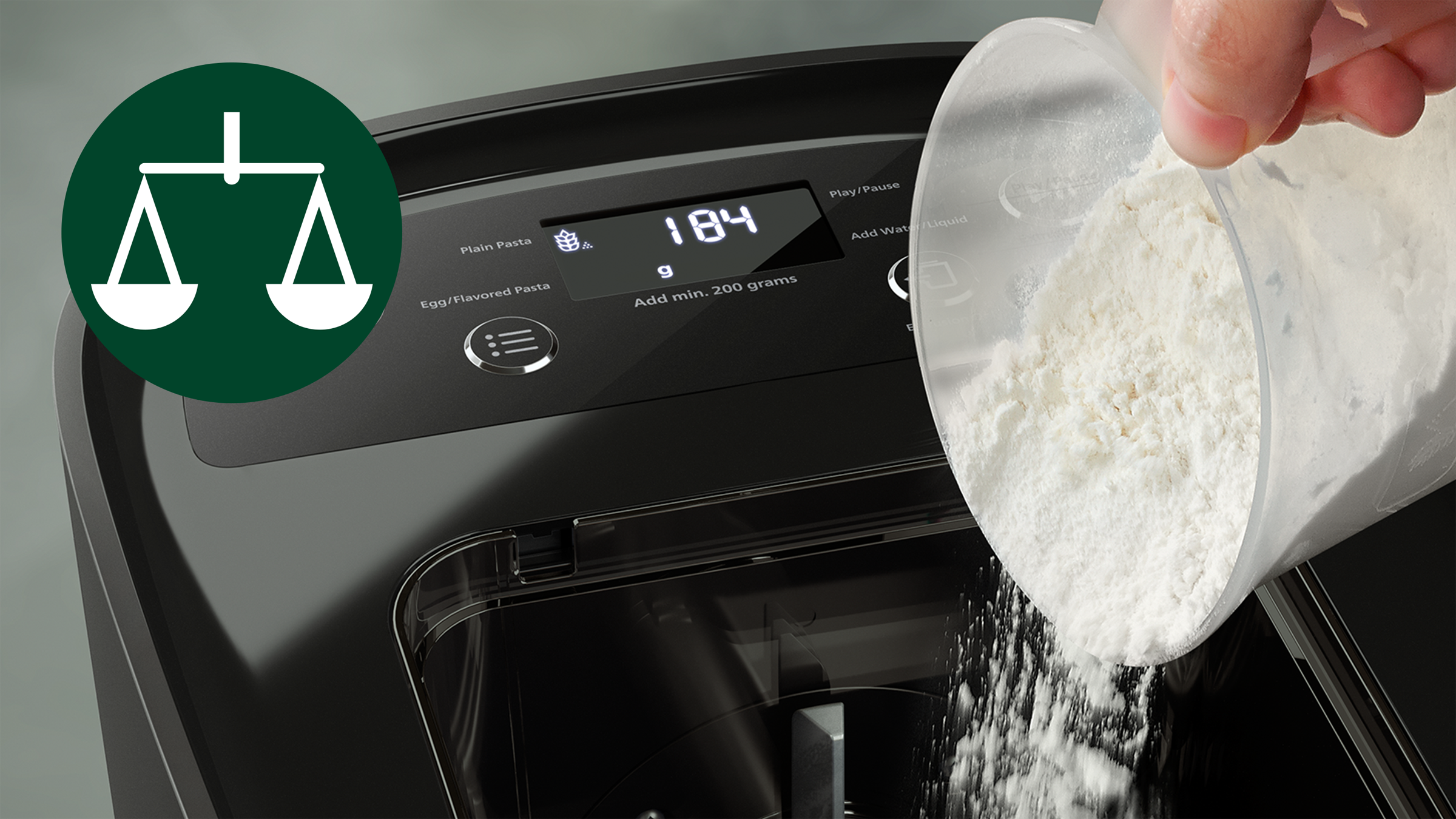 Flour being poured into a pasta maker, with a scale icon.