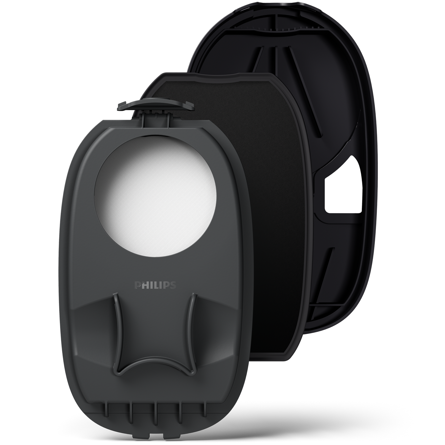 Donkergrijze Philips strijkijzeronderdelen. Voorkant met witte cirkel, twee achterkanten.