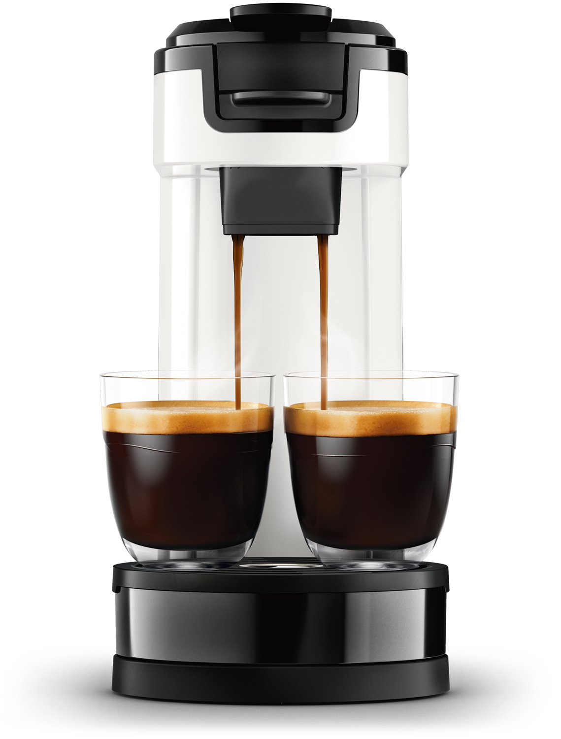 Een koffiemachine die espresso in twee glazen giet. De koffie is donkerbruin.