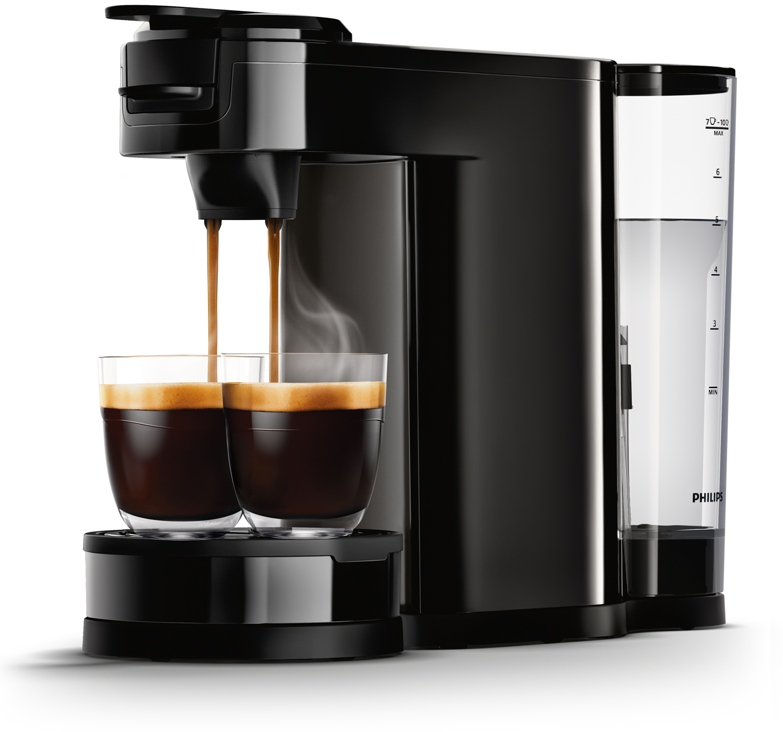 Espressomachine met twee glazen gevuld met koffie. Zwarte machine met waterreservoir.