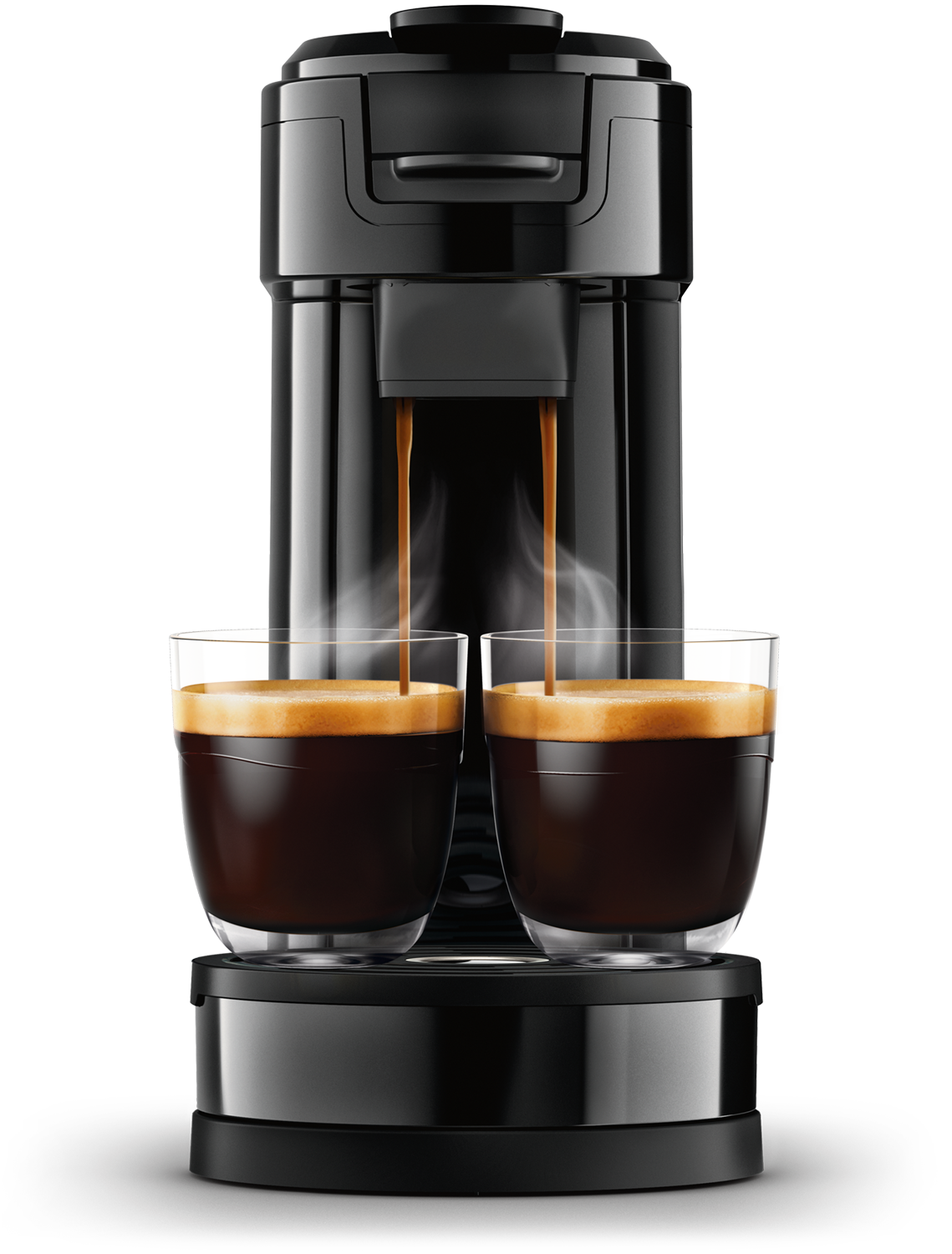 Koffiemachine die koffie in twee glazen schenkt. Beide kopjes zijn gevuld met koffie.