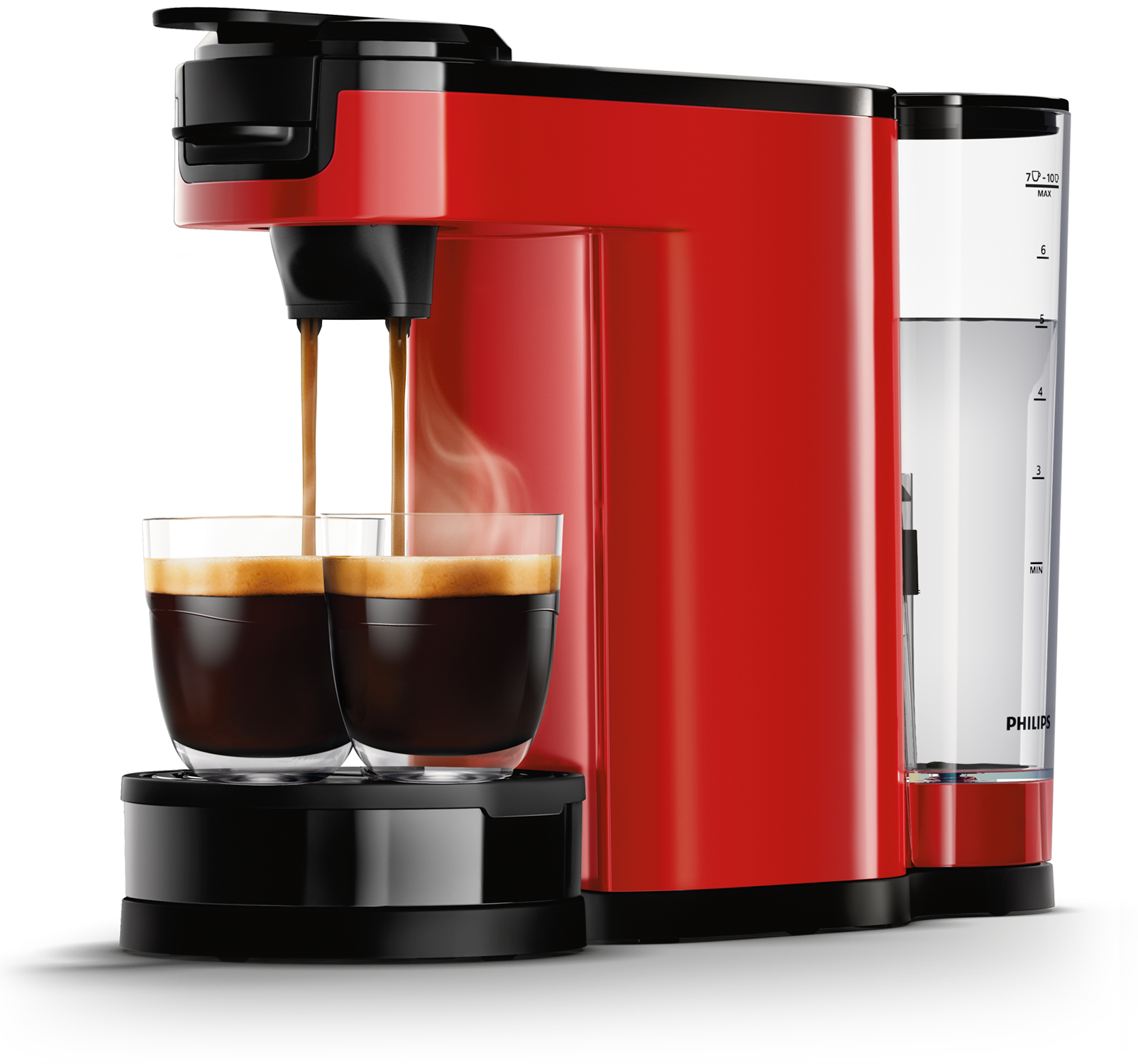 Red coffee machine dispensing coffee into two glasses.