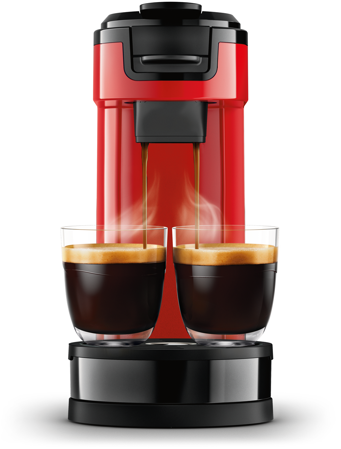 A red coffee machine dispensing coffee into two glass cups.