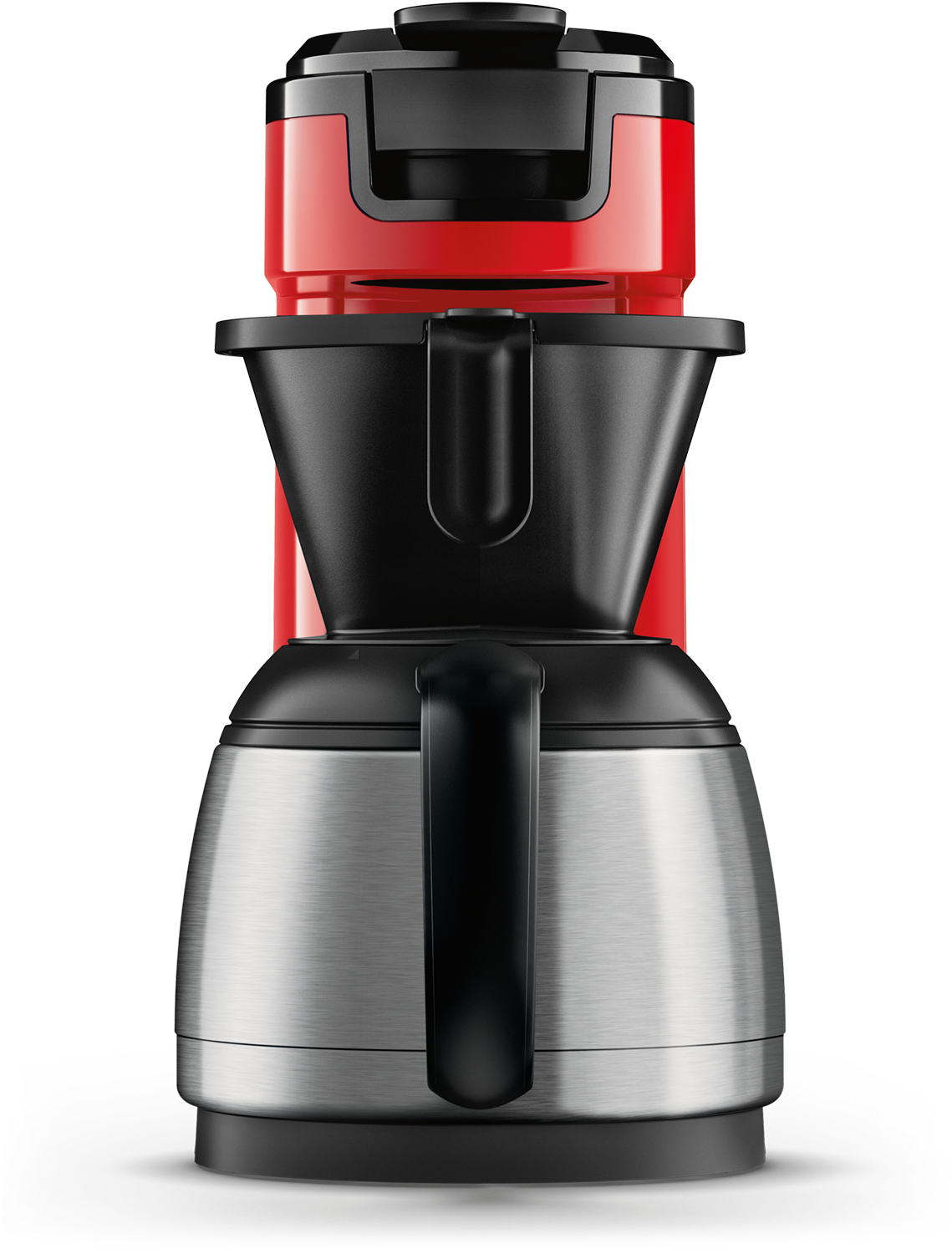 Food processor, red top, black container, silver base, black handle.