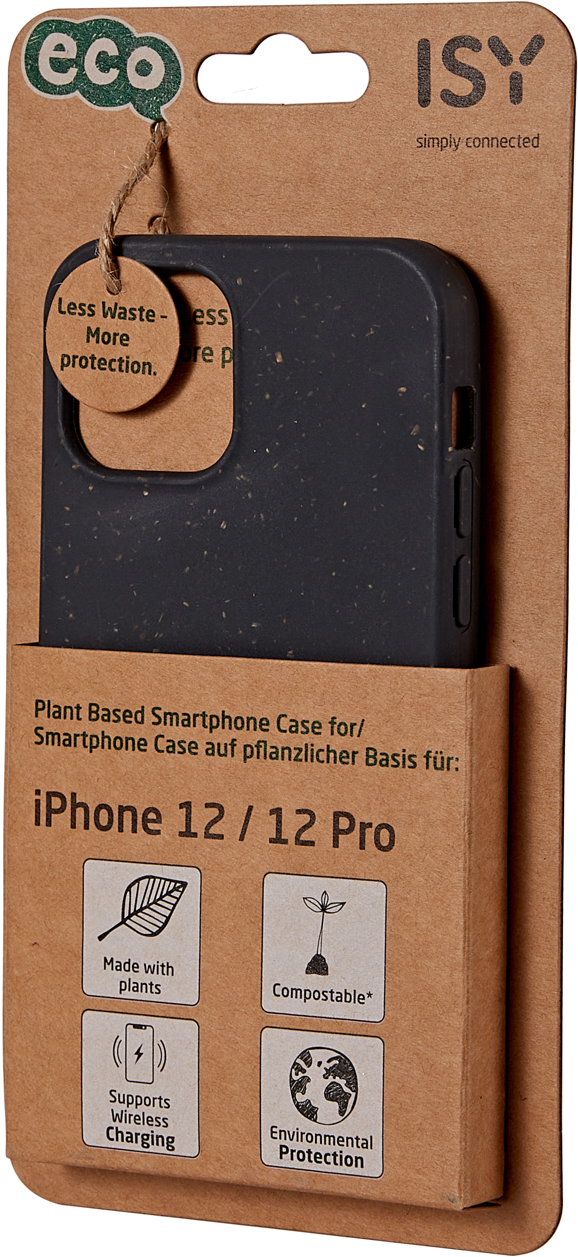 Verpackung für eine iPhone 12/12 Pro Hülle auf Pflanzenbasis. Die Hülle ist schwarz, mit umweltfreundlichen Symbolen und Text.