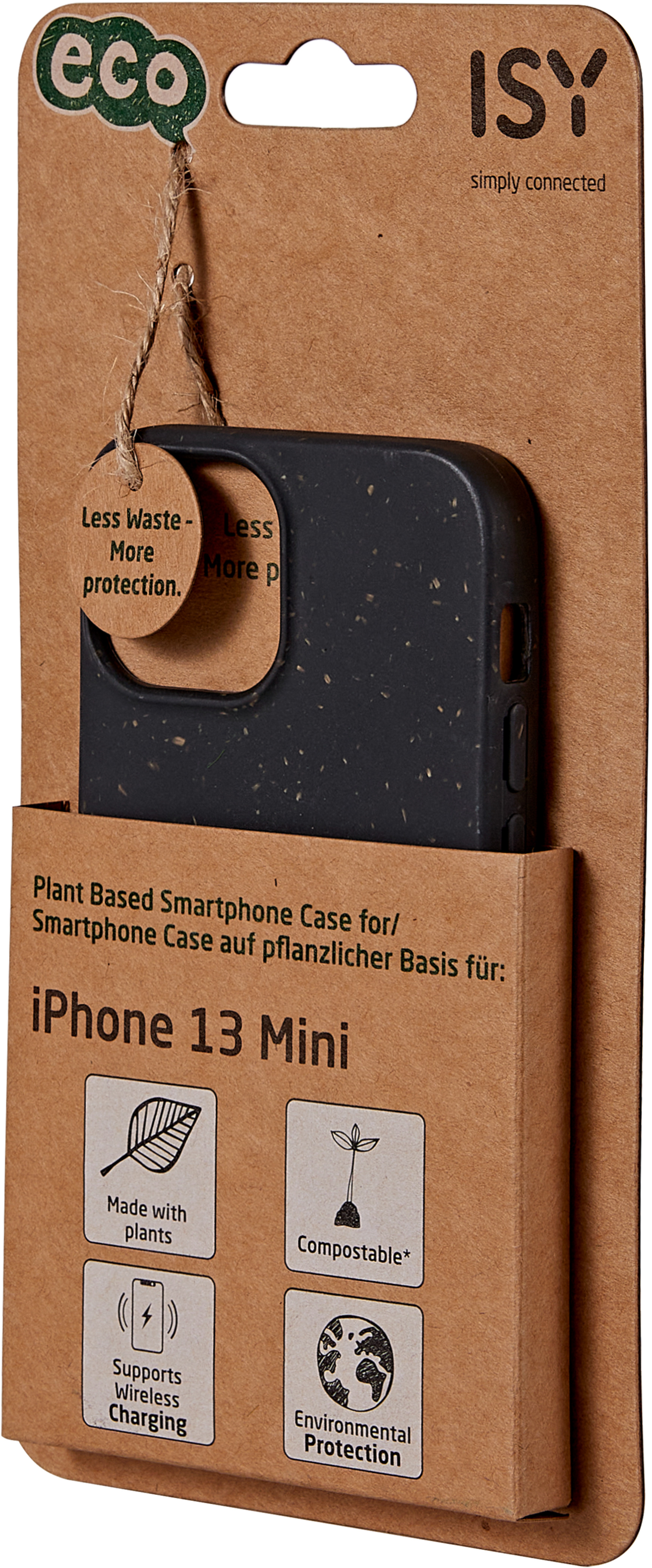 Kartonverpackung für ein iPhone 13 Mini Case. Schwarzes Case ist sichtbar.