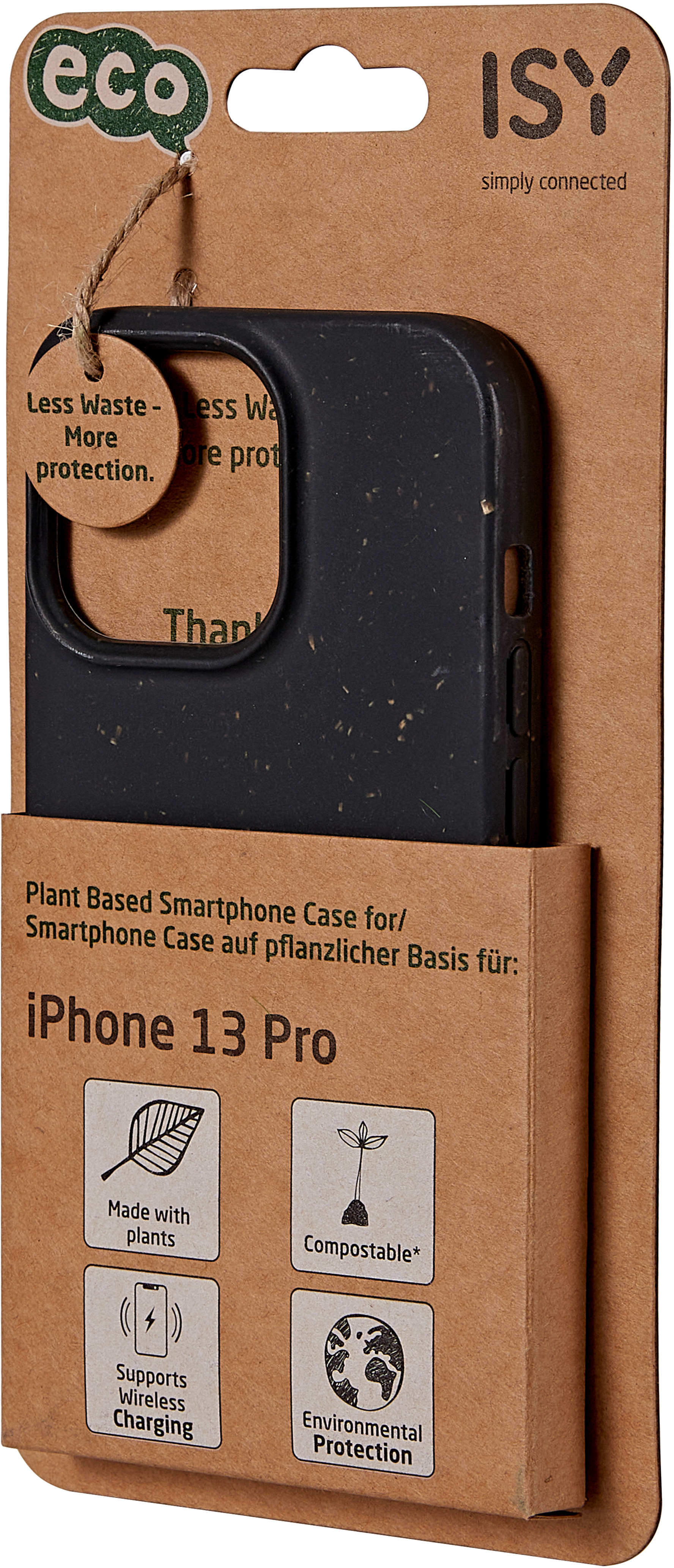 Schwarze Handyhüllenverpackung mit Hülle, mit umweltfreundlichen Etiketten.