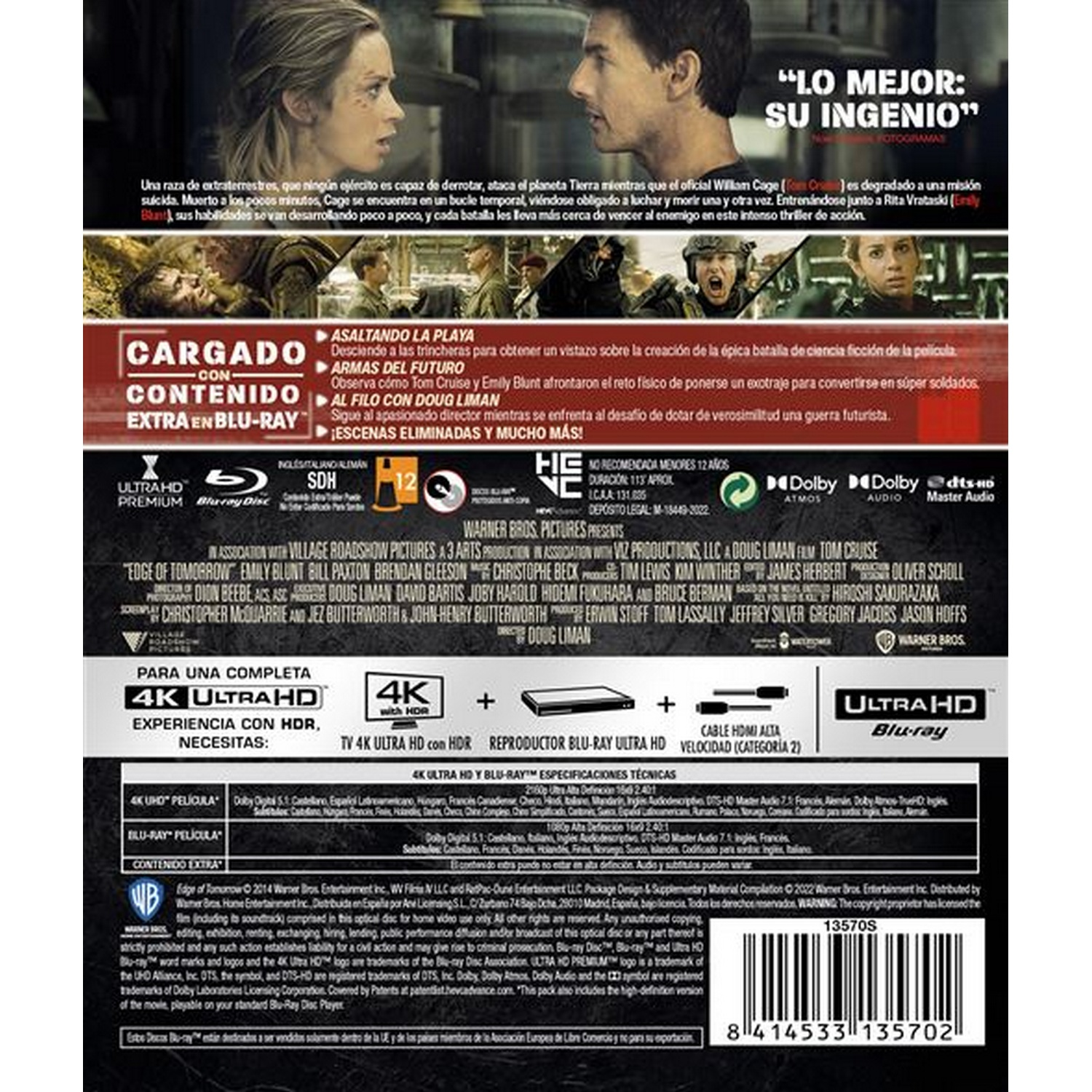 Póster de película con texto e imágenes relacionadas con la película 'Edge of Tomorrow'.