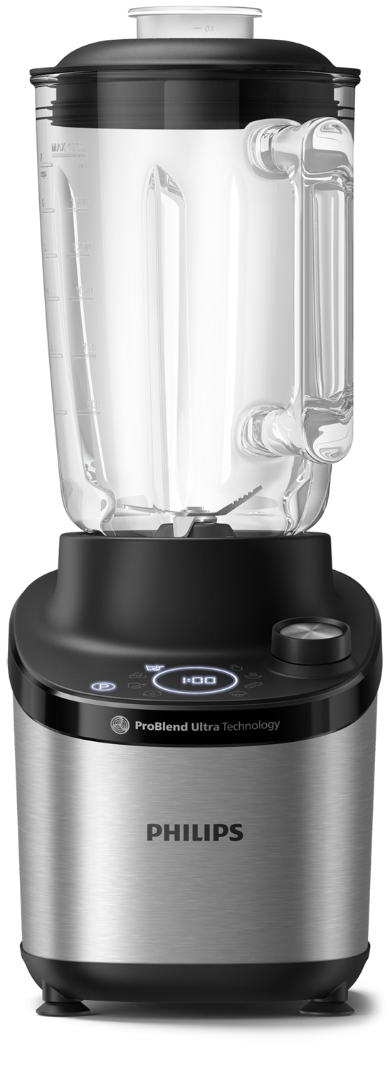 Philips blender, black and silver design. The glass container is clear.
