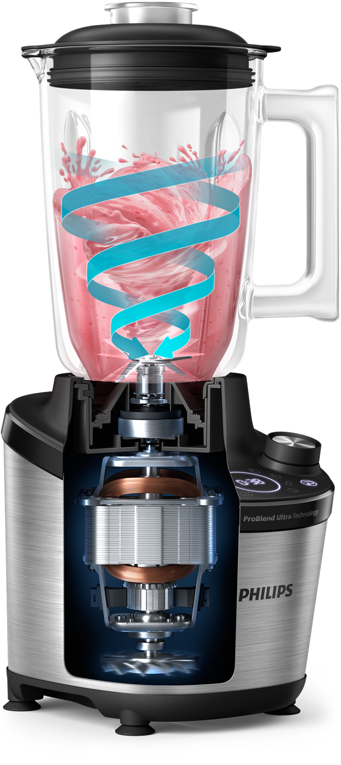 A blender showing the inside. Pink contents are being blended with a blue swirl effect.