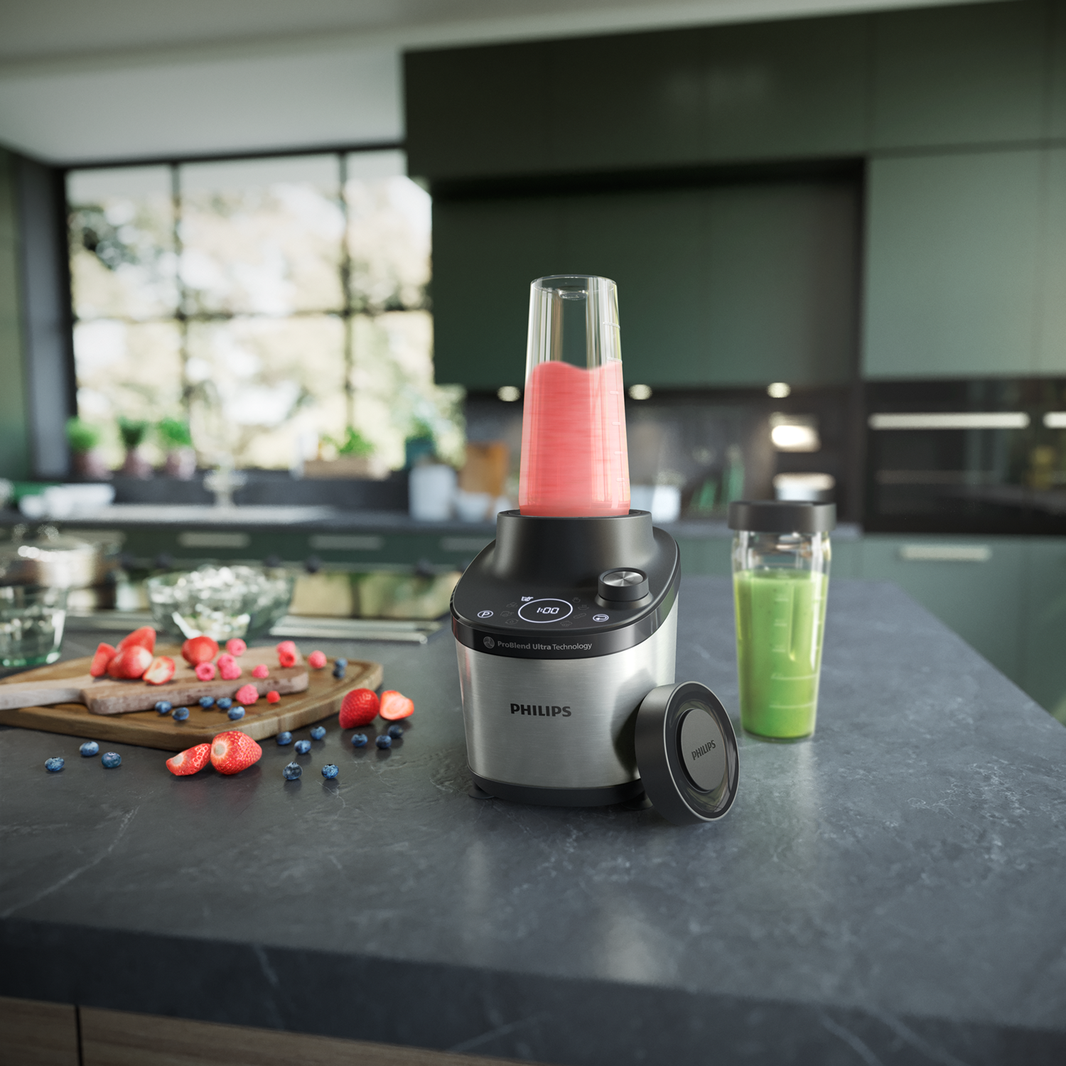 Blender with pink liquid, fruits on counter, in a kitchen.