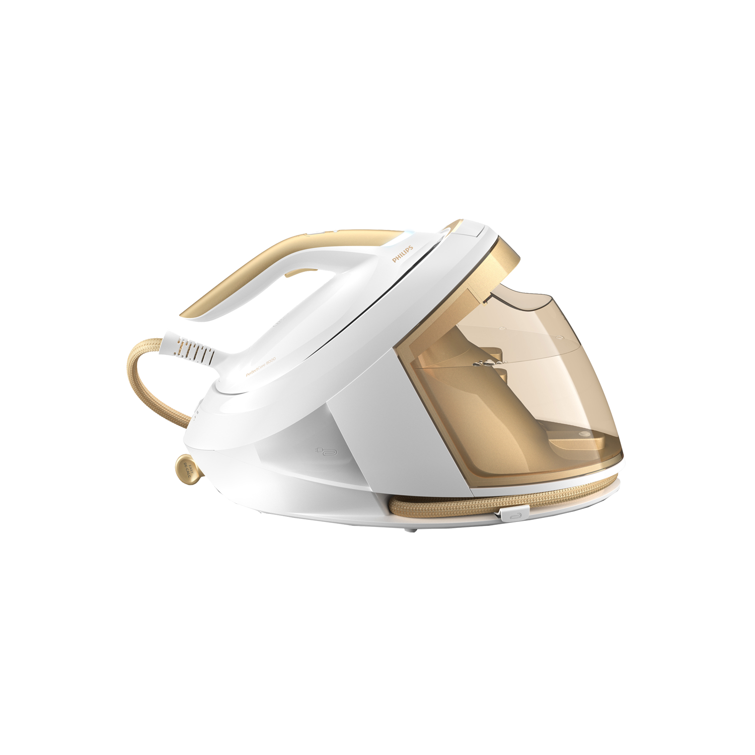 Witte en gouden Philips stoomstrijkijzer met watertank en basis.