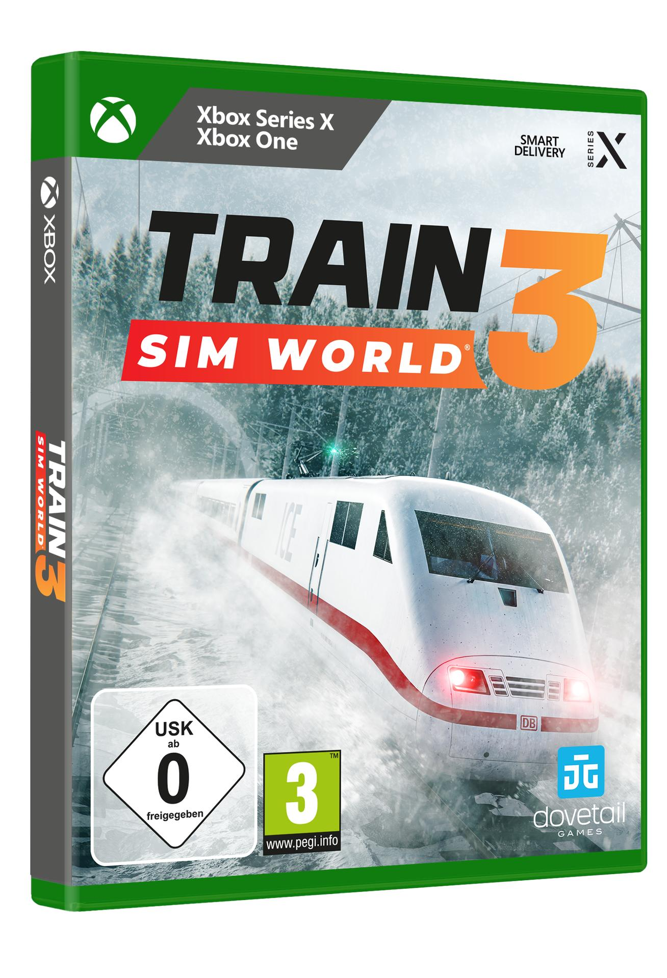 Spiel-Box-Art. Ein Zug fährt auf verschneiten Gleisen. Der Titel ist Train Sim World 3.