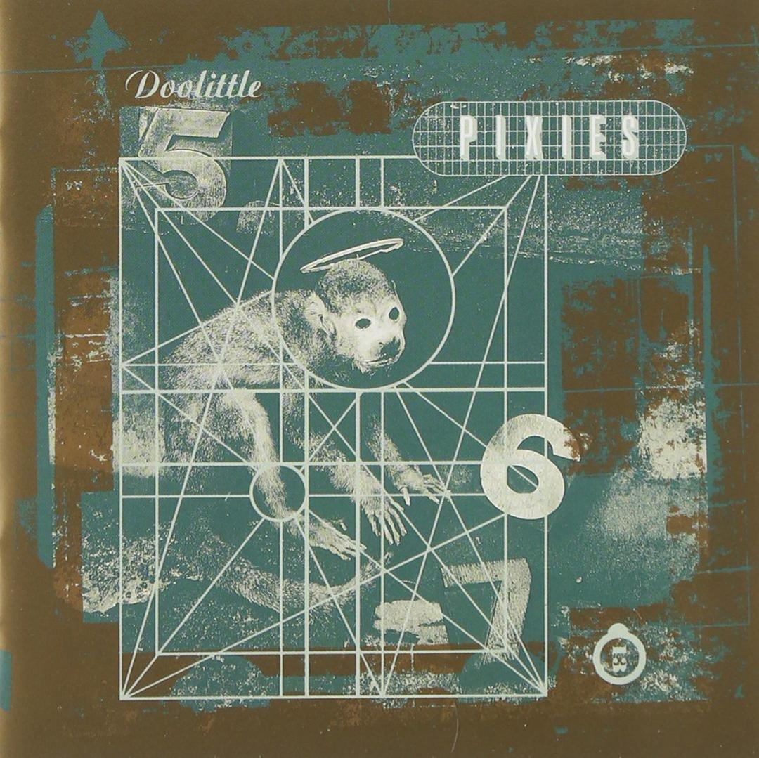 Album borító: 'Doolittle' a Pixies-től. Majom glóriával, geometrikus rácsban, türkiz és barna.