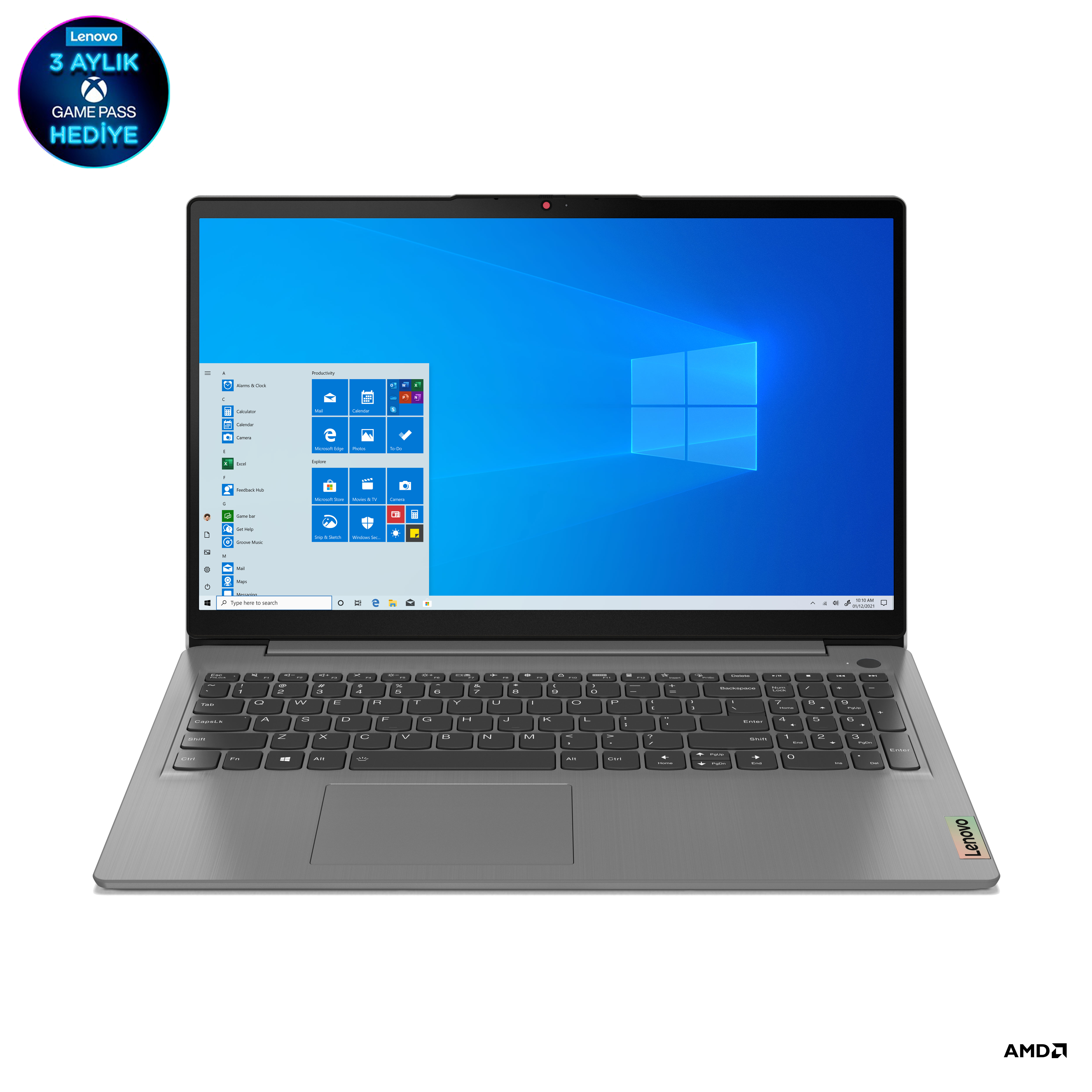 Windows ekranlı ve Lenovo logolu bir dizüstü bilgisayar. Bir klavyesi ve ekranı var.