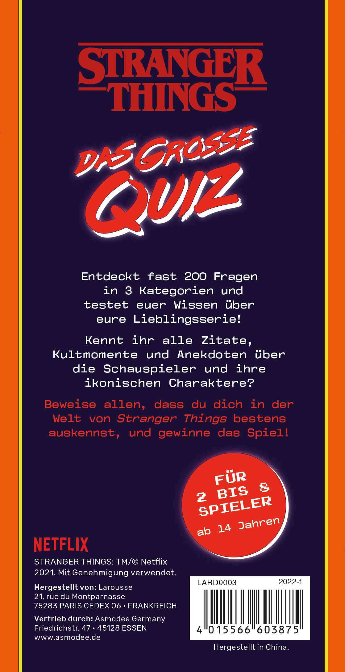 Eine Spielbox mit deutschem Text für das 'Stranger Things' Quiz. Die Box ist rot und gelb.