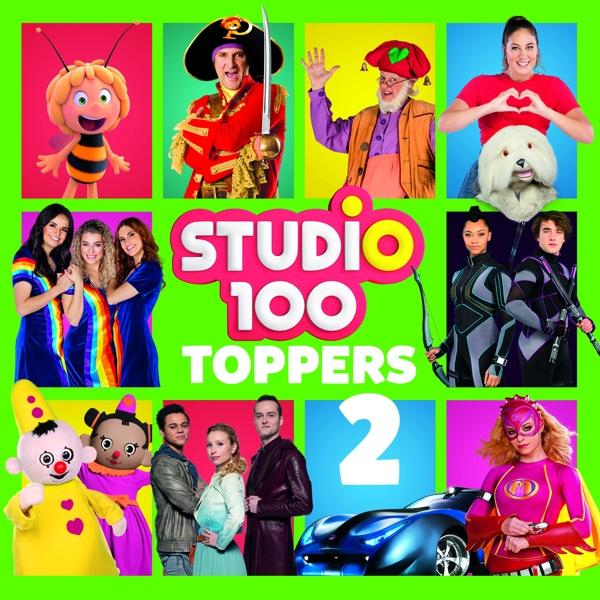 Studio 100 Toppers 2 albumhoes. Kleurrijke personages op een groene achtergrond.