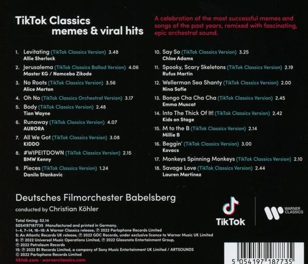 CD-Rückseite: TikTok Classics Album. Trackliste, Logos und Text auf schwarzem Hintergrund.