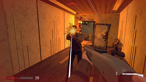 Een first-person view van een game-scene met geweerschoten en twee figuren.