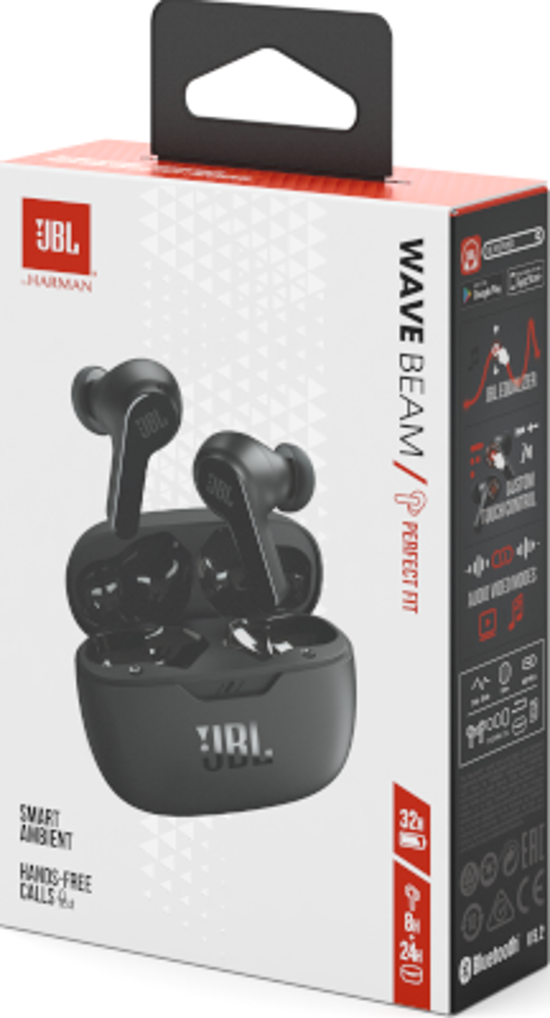 JBL Wave Beam Ohrhörer in Ladecase. Weiße Box mit Text. Schwarze Farbe. Smart Ambient und Freisprechanrufe.
