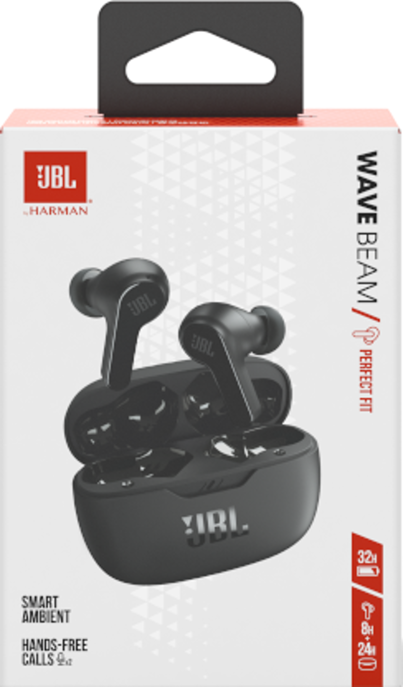 JBL Wave Beam Ohrhörer und Ladeetui in einer Box. Die Box ist weiß, mit schwarzem Text und schwarzem Hintergrund.