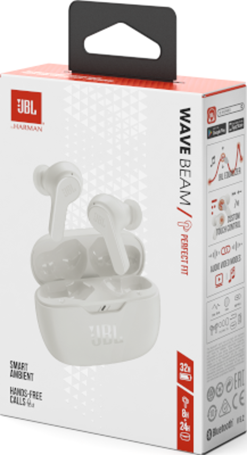 Écouteurs JBL Wave Beam blancs dans une boîte. La boîte porte le logo JBL et des informations sur le produit.