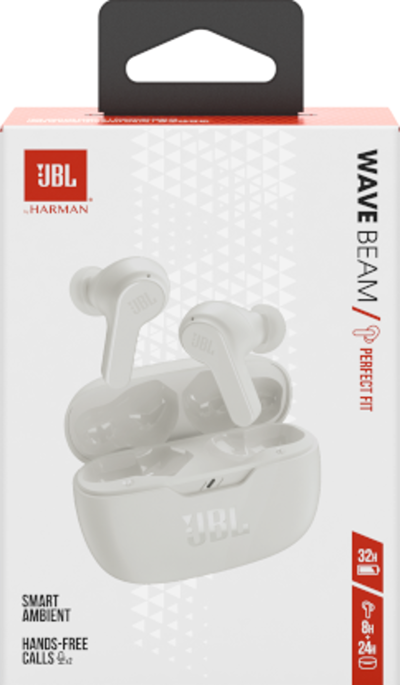 Écouteurs JBL blancs dans l'étui. La boîte a des accents blancs et rouges.