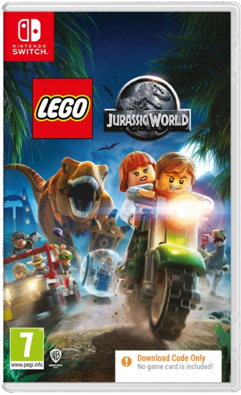 Lego Jurassic World oyun kutusu. Motosiklete binen karakterler, bir dinozor ve bir cip. Mavi arka plan.