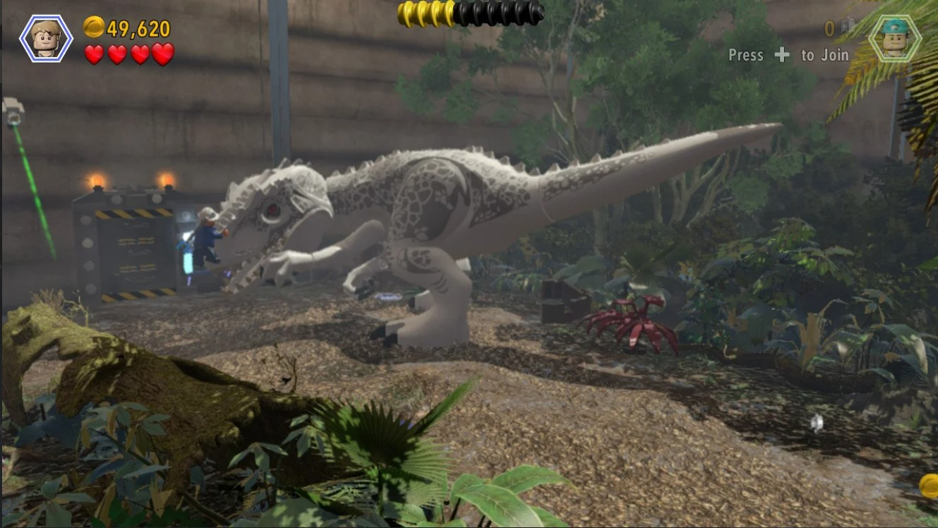 Karakterler ve bir bina ile bir video oyunu sahnesinde bir Lego dinozoru.