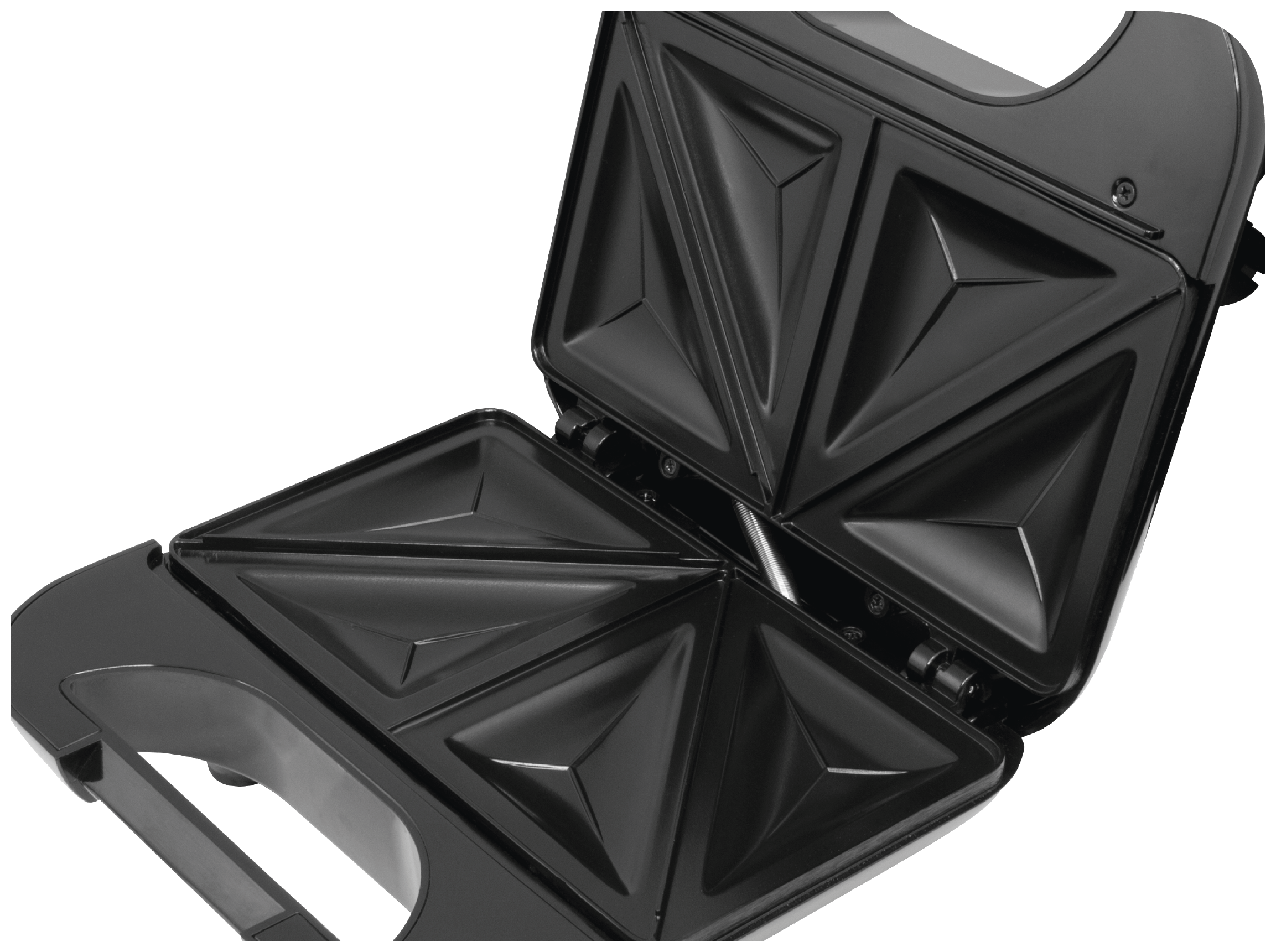 Una sandwichera negra abierta muestra placas de cocción triangulares.