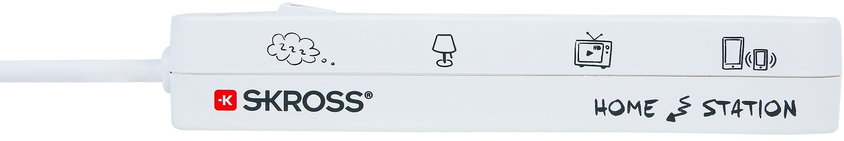 Une multiprise blanche avec un logo et des icônes pour différents appareils électroniques : nuage, lampe, TV et téléphone.