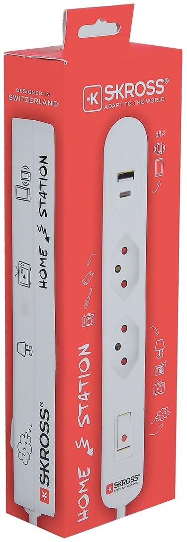Boîte de multiprise blanche et rouge. Contient une multiprise blanche avec ports USB et un fond rouge.