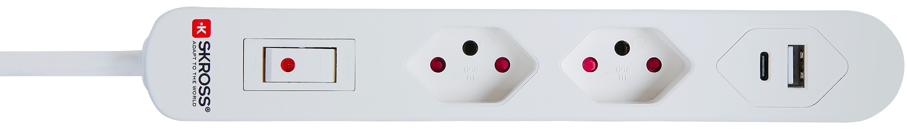 Une multiprise blanche avec trois prises, un interrupteur marche/arrêt et un port USB.