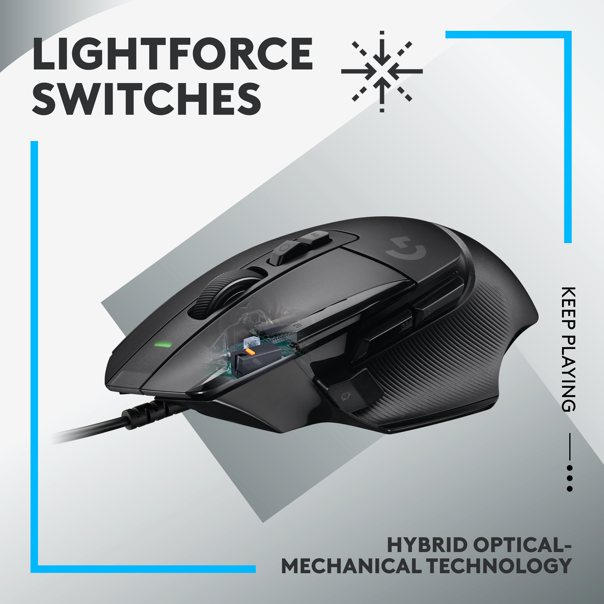 Schwarze Gaming-Maus. Lightforce-Schalter. Hybrid-optisch-mechanische Technologie.