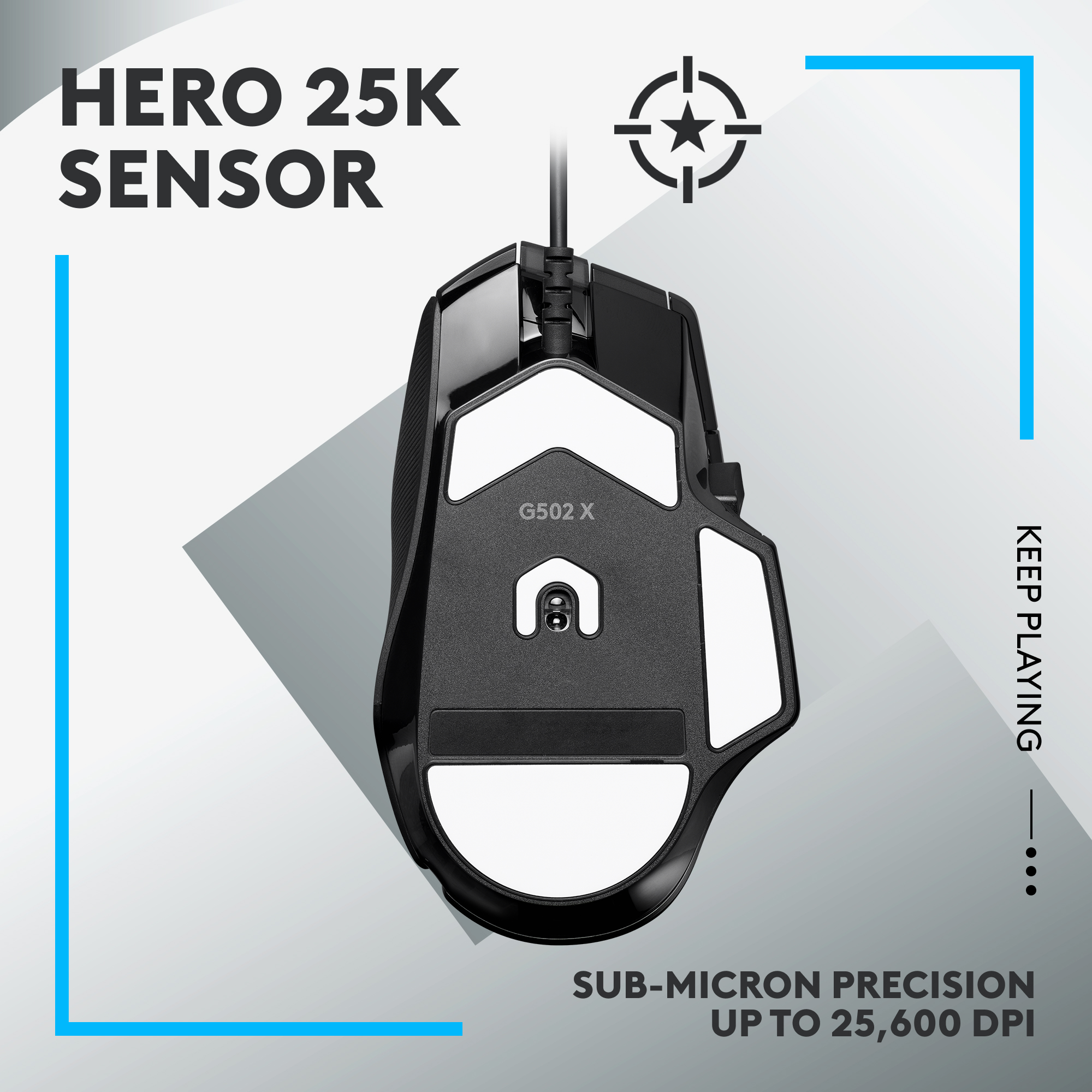 Eine schwarz-weiße Gaming-Maus mit weißen Seitentasten. Text sagt 'HERO 25K SENSOR' und 'G502 X'.