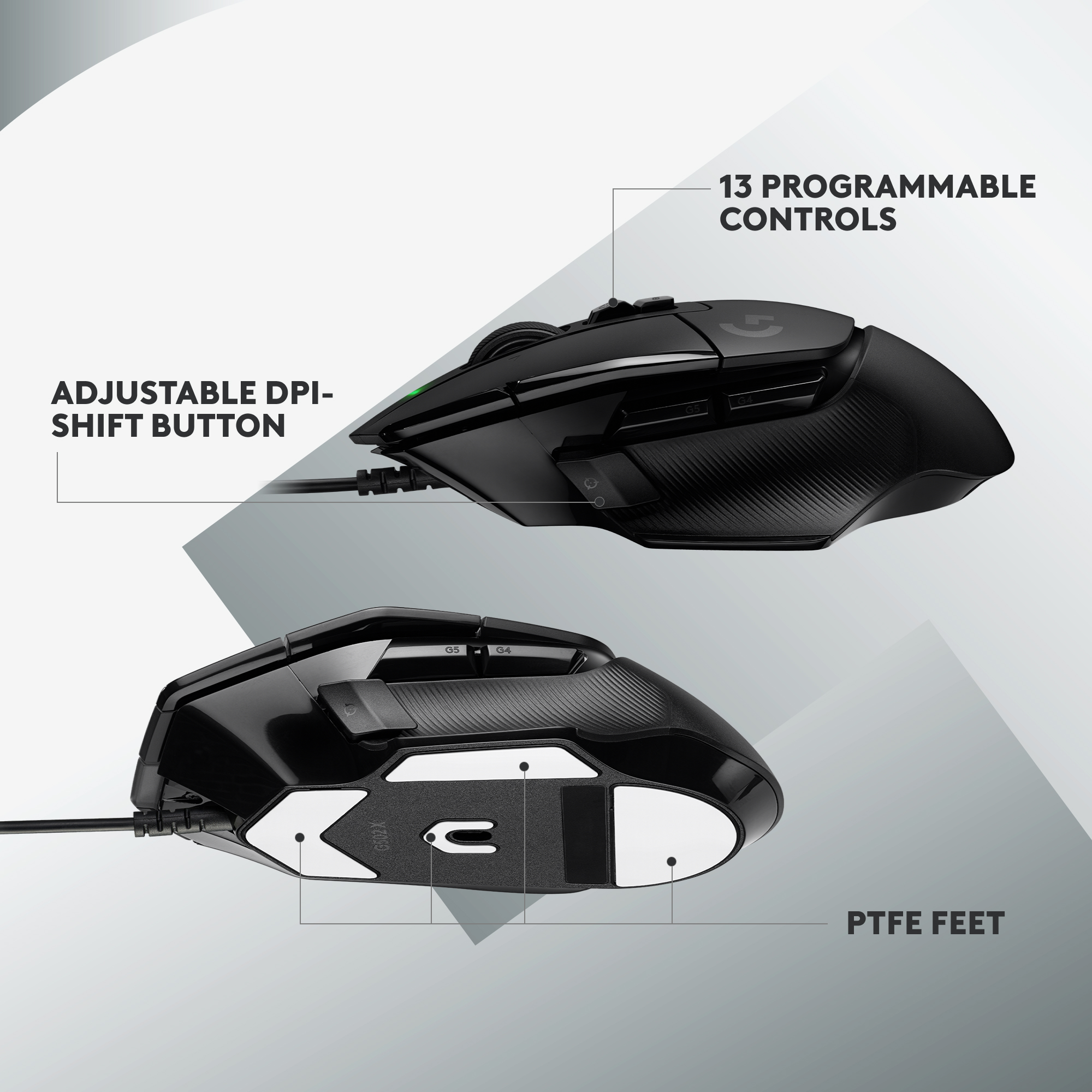 Zwei Ansichten einer schwarzen Gaming-Maus. Texte heben Funktionen hervor.