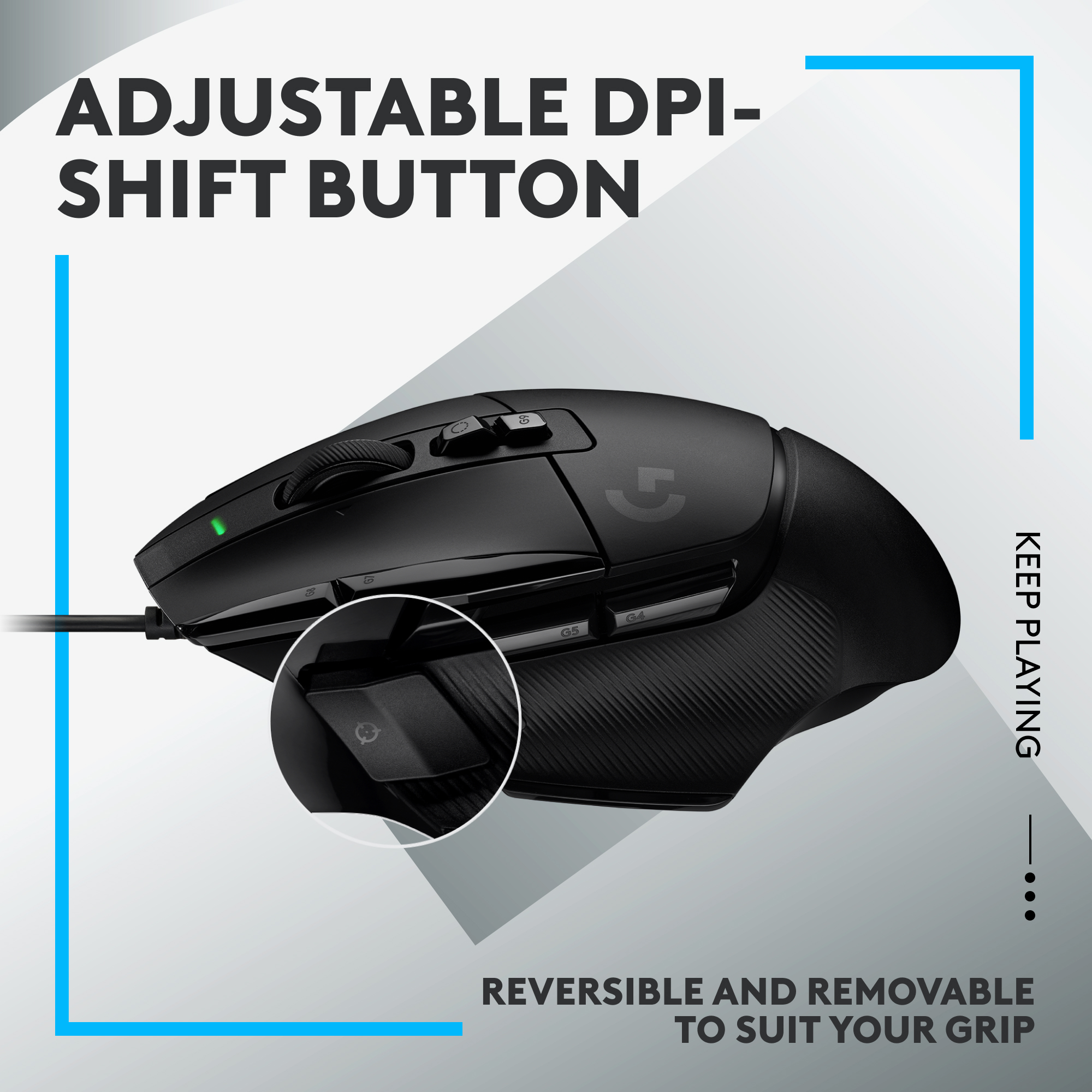 Eine schwarze Maus mit der Beschriftung 'Adjustable DPI-Shift Button'.
