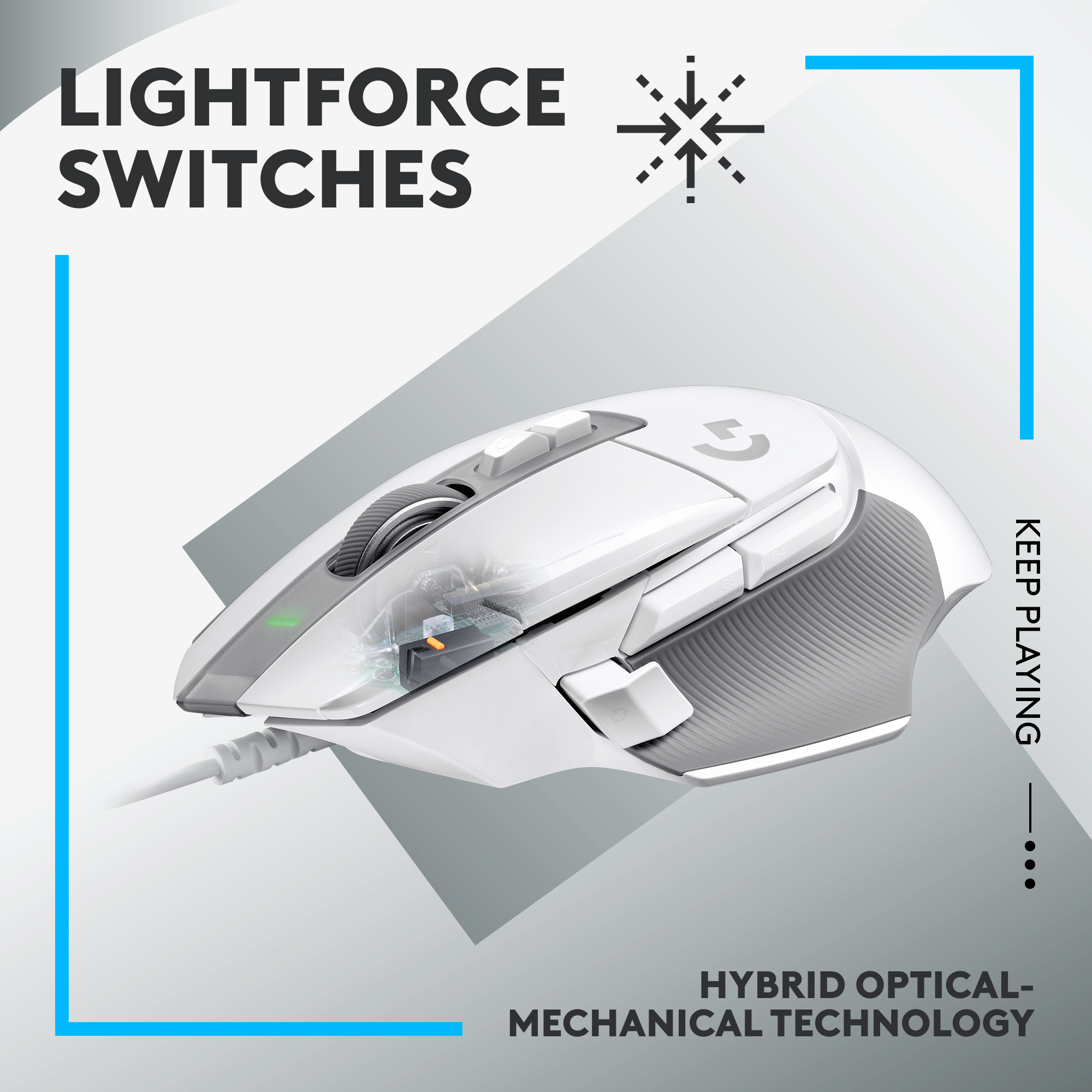 Weiße Gaming-Maus mit blauen Akzenten. Sie hat Lightforce-Schalter und hybride optisch-mechanische Technologie.
