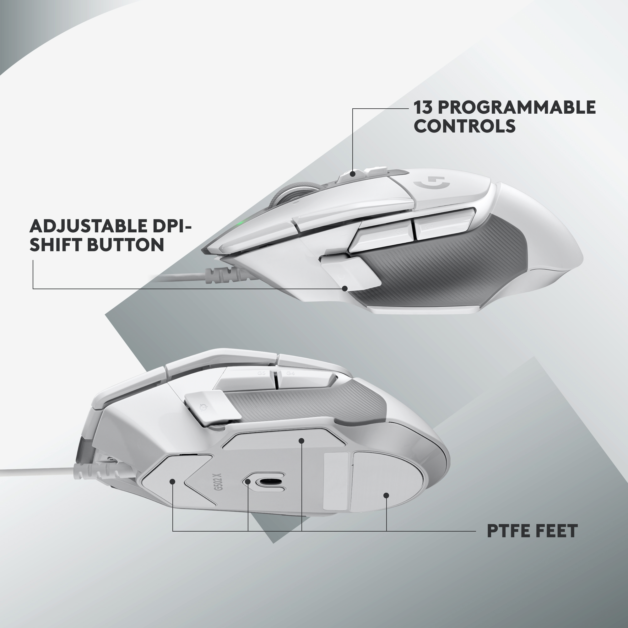 Eine weiße Gaming-Maus mit Tasten und dem Text 'PTFE FEET'.